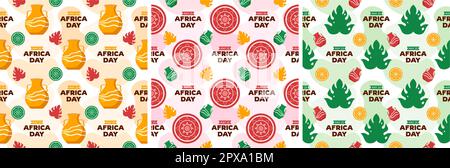 Set of Happy Africa Day Seamless Pattern Design with Culture African Tribal Figures Decoration in Template Hand Drawn Cartoon Flat Illustration Stock Vector