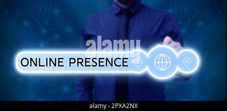 Conceptual caption Online Presence, Word for existence of someone that can be found via an online search Stock Photo