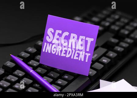 Hand writing sign Secret Ingredient, Word Written on special technique or materials used by a company in manufacturing its products Stock Photo