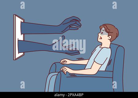 Young frightened guy male sitting bench scared of cyber bullying ...
