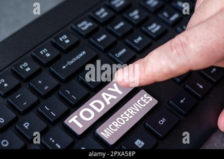Hand writing sign Microservices, Business showcase Software development technique Building single function module Stock Photo