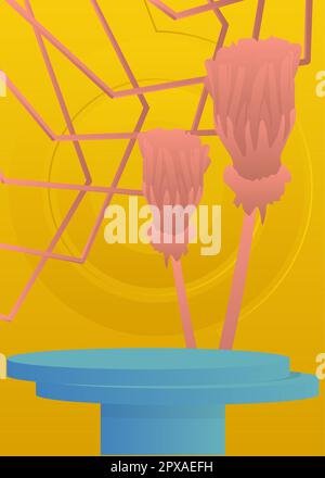 Abstract light red, blue and yellow product display with flower. Mockup stage showcase, cylinder pedestal podium for presentation. Stock Vector