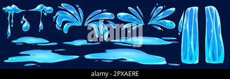 Cartoon set of water splash, puddle, drops, waterfall, river flow isolated on dark blue background. Vector illustration of liquid spray droplets, rain, tears, aqua explosion, spill on wet surface Stock Vector