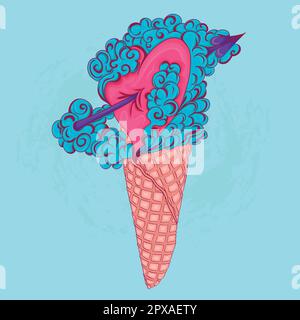 Heart with an arrow in the clouds in the waffle cone. Stock Vector