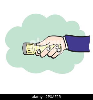 closeup hand of businessman holding yellow flashlight illustration vector hand drawn isolated on white background line art. Stock Vector