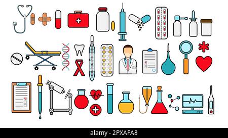 Medical pharmaceutical big set of medical items, equipment, items of icons on a white background: tablets thermometers capsules flasks medications fir Stock Vector