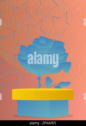 Abstract light red, blue and yellow product display with flower. Mockup stage showcase, cylinder pedestal podium for presentation. Stock Vector