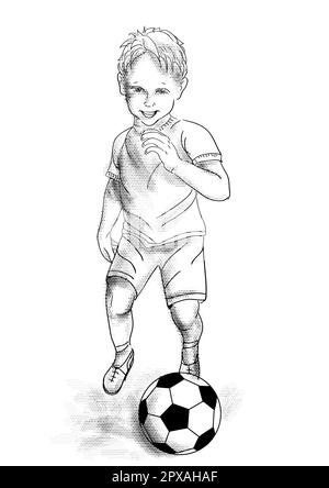 kid playing soccer. young boy and ball on white background Stock Photo