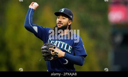 Seattle Mariners' J.P. Crawford plays during a baseball game, Wednesday,  April 26, 2023, in Philadelphia. (AP Photo/Matt Slocum Stock Photo - Alamy