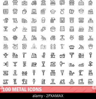 100 metal icons set. Outline illustration of 100 metal icons vector set isolated on white background Stock Vector