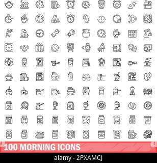 100 morning icons set. Outline illustration of 100 morning icons vector set isolated on white background Stock Vector