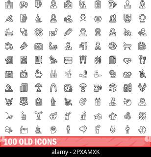 100 old icons set. Outline illustration of 100 old icons vector set isolated on white background Stock Vector