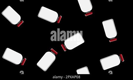 Seamless pattern texture of white plastic medical pharmacetic jars with lids of drugs, drugs on a black background. Vector illustration. Stock Vector
