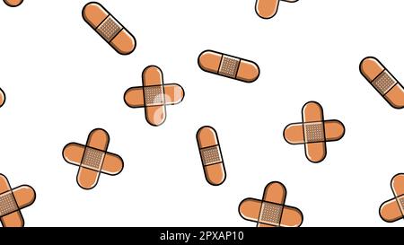 Seamless pattern texture of endless repetitive corporal medical pharmacological patches for sticking wounds and cuts against white yellow background. Stock Vector