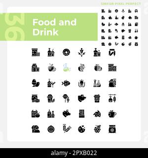 Food and drink pixel perfect black glyph icons set on white space Stock Vector