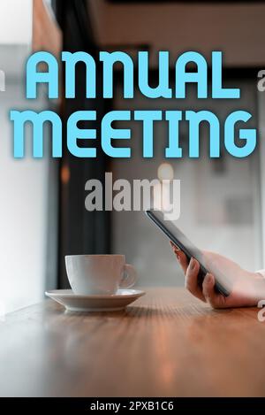 Handwriting text Annual Meeting, Conceptual photo Yearly gathering of an organization interested shareholders Stock Photo
