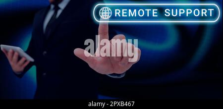 Sign displaying Remote Support, Word Written on help end-users to solve computer problems and issues remotely Stock Photo