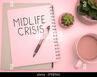 Text caption presenting Midlife Crisis, Business idea Software development technique Decomposing an application Stock Photo