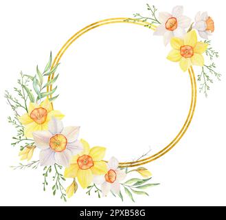 Frame with flowers in a circle. The text is in the middle. Greeting card template with place for text. Festive frame of daffodils flowers. Flower Stock Photo