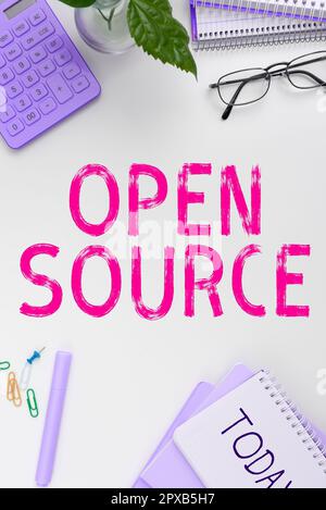 Text showing inspiration Open Source, Word for denoting software which original source code freely available Stock Photo
