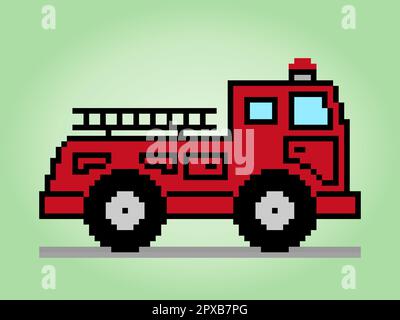 8-bit pixel fire truck image. Car in vector illustration of cross stitch pattern. Stock Vector