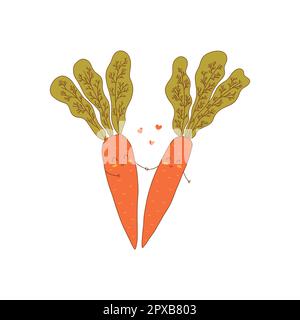 Two cute carrots in love holding hands and smiling. Organic food. Tender feelings, confession. Valentines day. Colorful vector isolated illustration. Stock Vector