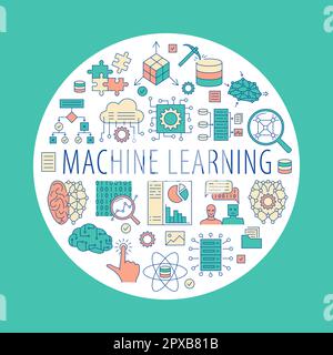 Machine learning round banner in colored line style. Data science and computing poster. Vector illustration. Stock Vector