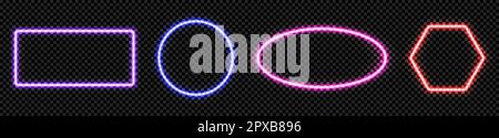 Neon light frame with glow square, rectangle geometric hexagon shape border vector. Led line sign with electric laser shine cyber effect in pink, red and blue isolated on black transparent background. Stock Vector