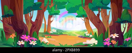 Flower field in spring with rainbow in forest cartoon vector landscape. Green grass hill nature valley park with meadow. Beautiful and cute panoramic flora springtime and sunlight banner backdrop Stock Vector