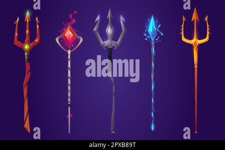 Cartoon set of magic tridents isolated on background. Vector illustration of fantasy symbol of sea king, demon, mermaid power. Wooden, iron, silver and golden pitchforks decorated with gemstones Stock Vector