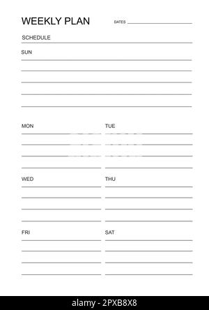 Weekly planner. Planner for every week. Schedule for week. Weekly calendar. Organizer for working five days. Business plan. weekly organizer. To do li Stock Photo