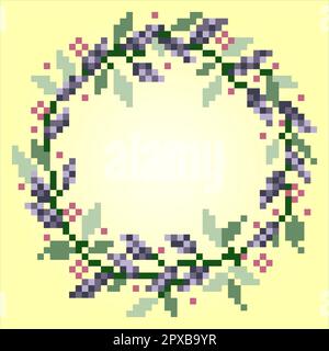 8 bit pixel flower ornaments. Circle of flowers for cross stitch patterns, in vector illustrations. Stock Vector