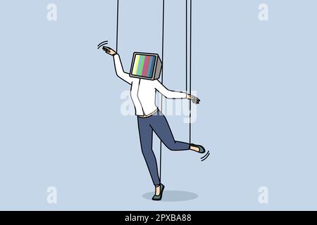 Unhappy young woman with TV on head and hands on ropes feeling manipulated. Girl manipulation with media and television. Vector illustration. Stock Photo