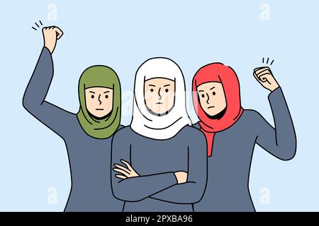 Decisive women in hijabs stand together for equality and rights. Angry Arabic females protest on street. Demonstration concept. Vector illustration. Stock Photo