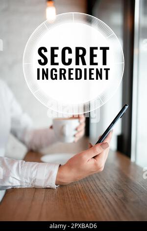 Hand writing sign Secret Ingredient, Word Written on special technique or materials used by a company in manufacturing its products Stock Photo