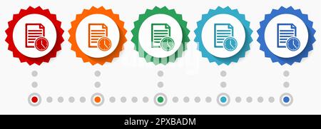 Document with clock, deadline vector icon set, colorful infographic template, set of flat design badge icons in 5 color options Stock Vector