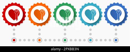 Wrench and heart vector icon set, colorful infographic template, set of flat design badge icons in 5 color options Stock Vector