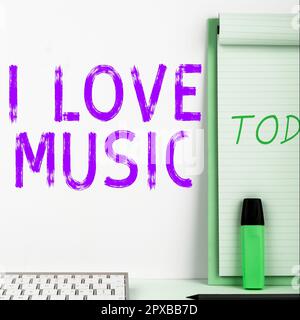 Conceptual caption I Love Music, Internet Concept Having affection for good sounds lyric singers musicians Stock Photo