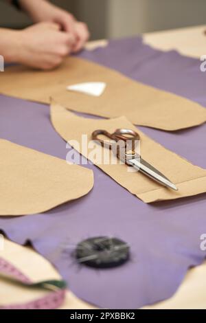 sewing scissors, fabric and pins for sewing and needlework . sewing kit Stock Photo