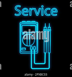 Bright luminous blue industrial digital neon sign for shop workshop service center beautiful shiny with electric tester on a black background and the Stock Vector