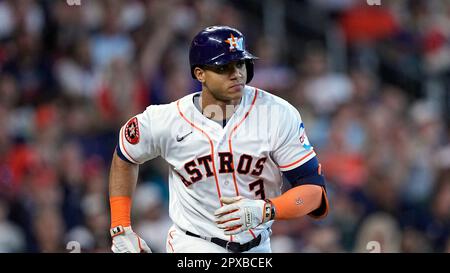 Houston Astros' Jeremy Pena runs up the first base line during the second  inning of a baseball game against the Cleveland Guardians Monday, May 23,  2022, in Houston. (AP Photo/David J. Phillip