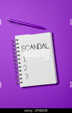Handwriting text Scandal, Conceptual photo an action or event regarded as morally or legally wrong causing public outrage Stock Photo