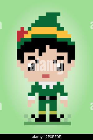 8 bit pixel elf. Human for game assets and cross stitch patterns in vector illustrations. Stock Vector