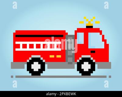 8-bit pixel fire truck image. Car in vector illustration of cross stitch pattern. Stock Vector