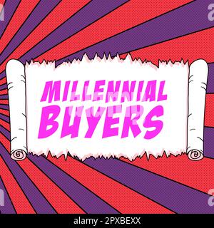 Hand writing sign Millennial Buyers, Concept meaning Type of consumers that are interested in trending products Stock Photo