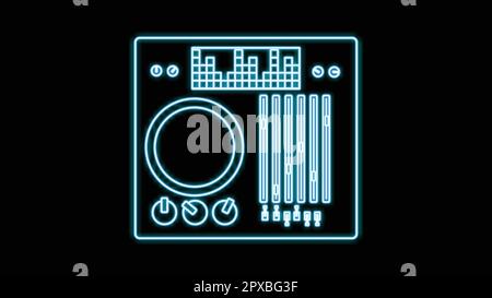 Blue neon dj console in vinyl old retro hipster vintage from 70s, 80s, 90s on black background. Vector illustration. Stock Vector