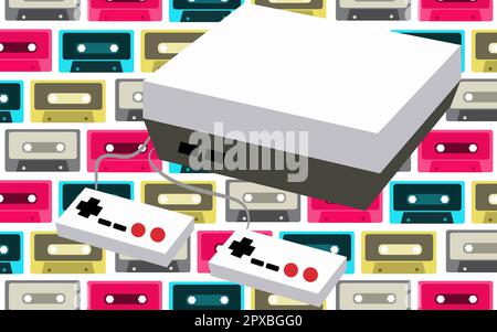 Old white retro vintage antique hipster game console for video games and two joysticks from the 80's, 90's on a background of multi-colored audio cass Stock Vector