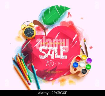 Back to school sale vector banner design. Back to school discount promotion text with apple and educational elements. Vector illustration promo Stock Vector