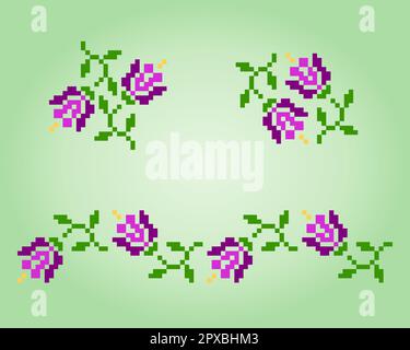 8 bit pixel flower vine. Purple flowers for cross stitch patterns, in vector illustrations. Stock Vector