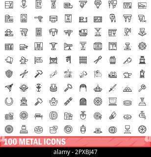 100 metal icons set. Outline illustration of 100 metal icons vector set isolated on white background Stock Vector